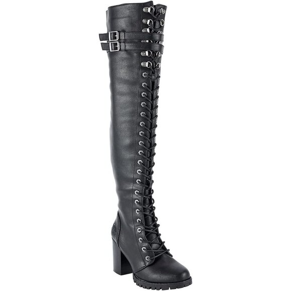 Women's Black Over The Knee Zip Buckle Soft Thigh High Lace Up Tall Boots - Picture 5 of 8